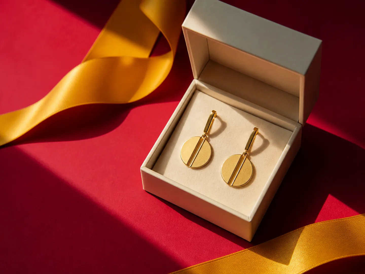 گوشواره‌های طلای معاصر در جعبه هدیه روی زمینه قرمز